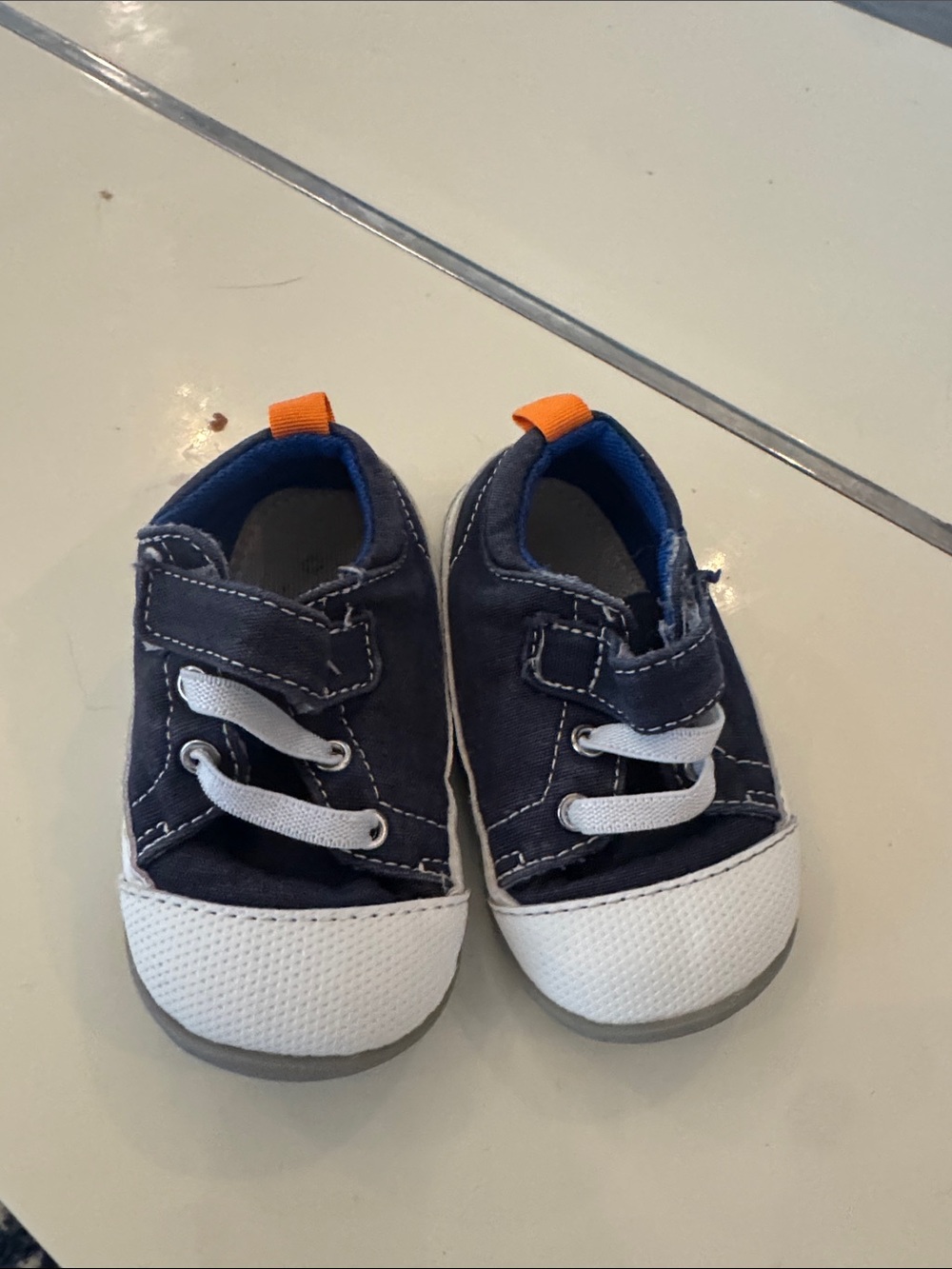 See Kai Run Navy and white Toddler Canvas Sneakers with Orange Pull Tabs